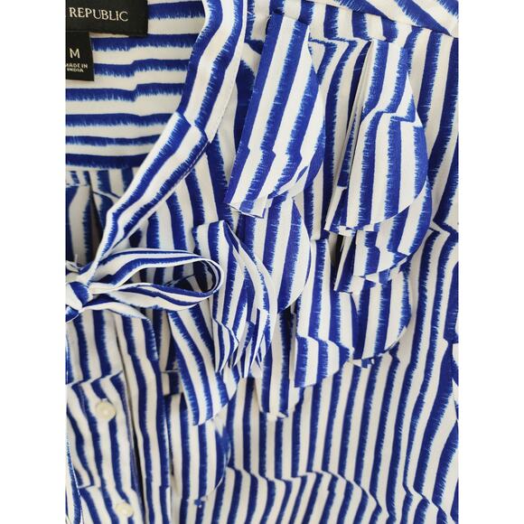 Banana Republic Elise Flutter Striped Blouse Medium Royal Blue Tie Neck Nautical - Picture 3 of 7